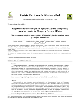 Registros Nuevos De Abejas Sin Aguijón (Apidae: Meliponini) Para Los Estados De Chiapas Y Oaxaca, México