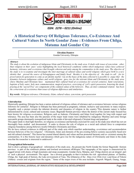 A Historical Survey of Religious Tolerance, Co-Existence and Cultural Values in North Gondar Zone : Evidences from Chilga, Matama and Gondar City