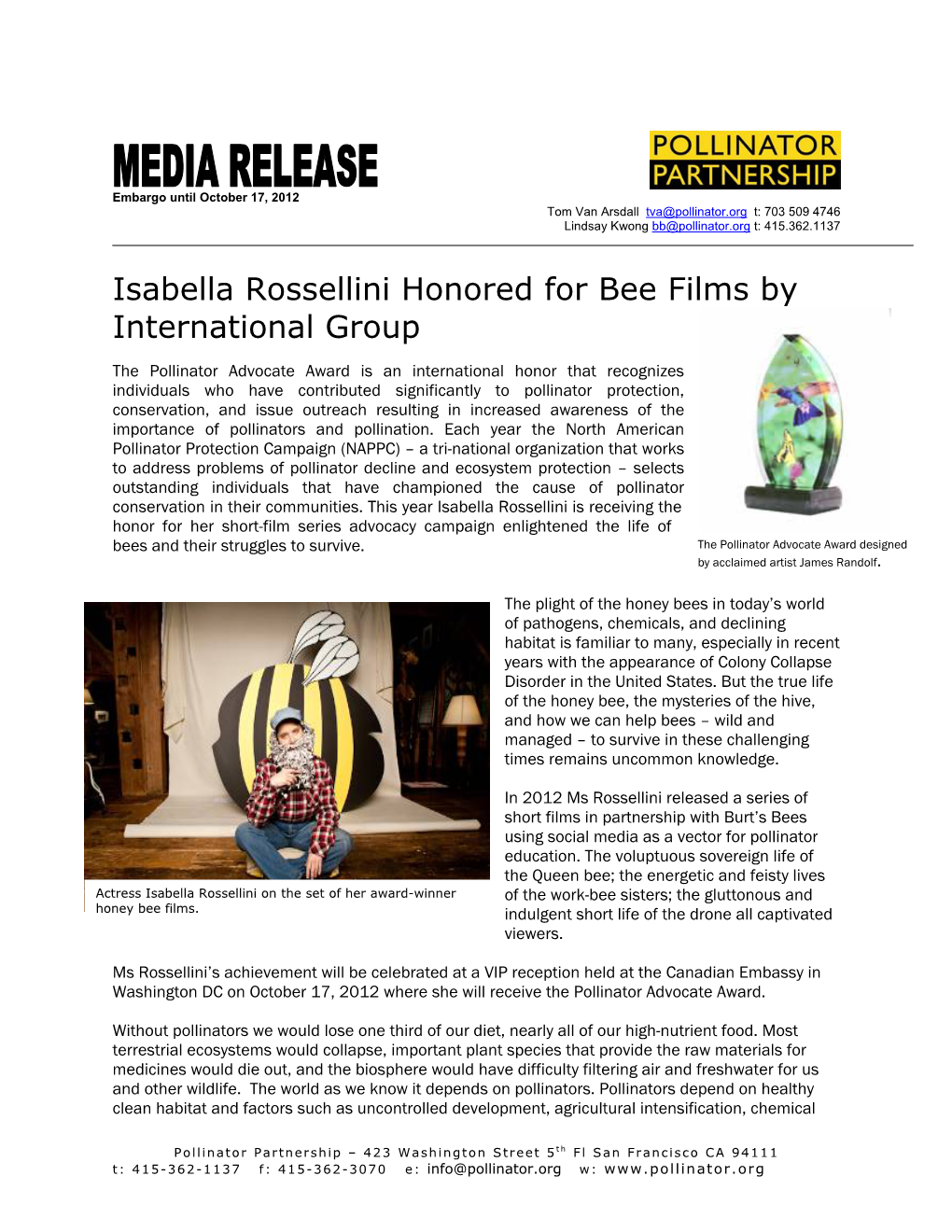 Isabella Rossellini Honored for Bee Films by International Group