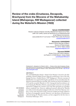 Crustacea, Decapoda, Brachyura) from the Miocene of the Mahakamby Island (Mahajanga, NW Madagascar) Collected During the Waterlot’S Mission (1922)