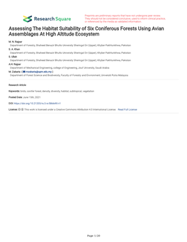 Assessing the Habitat Suitability of Six Coniferous Forests Using Avian Assemblages at High Altitude Ecosystem