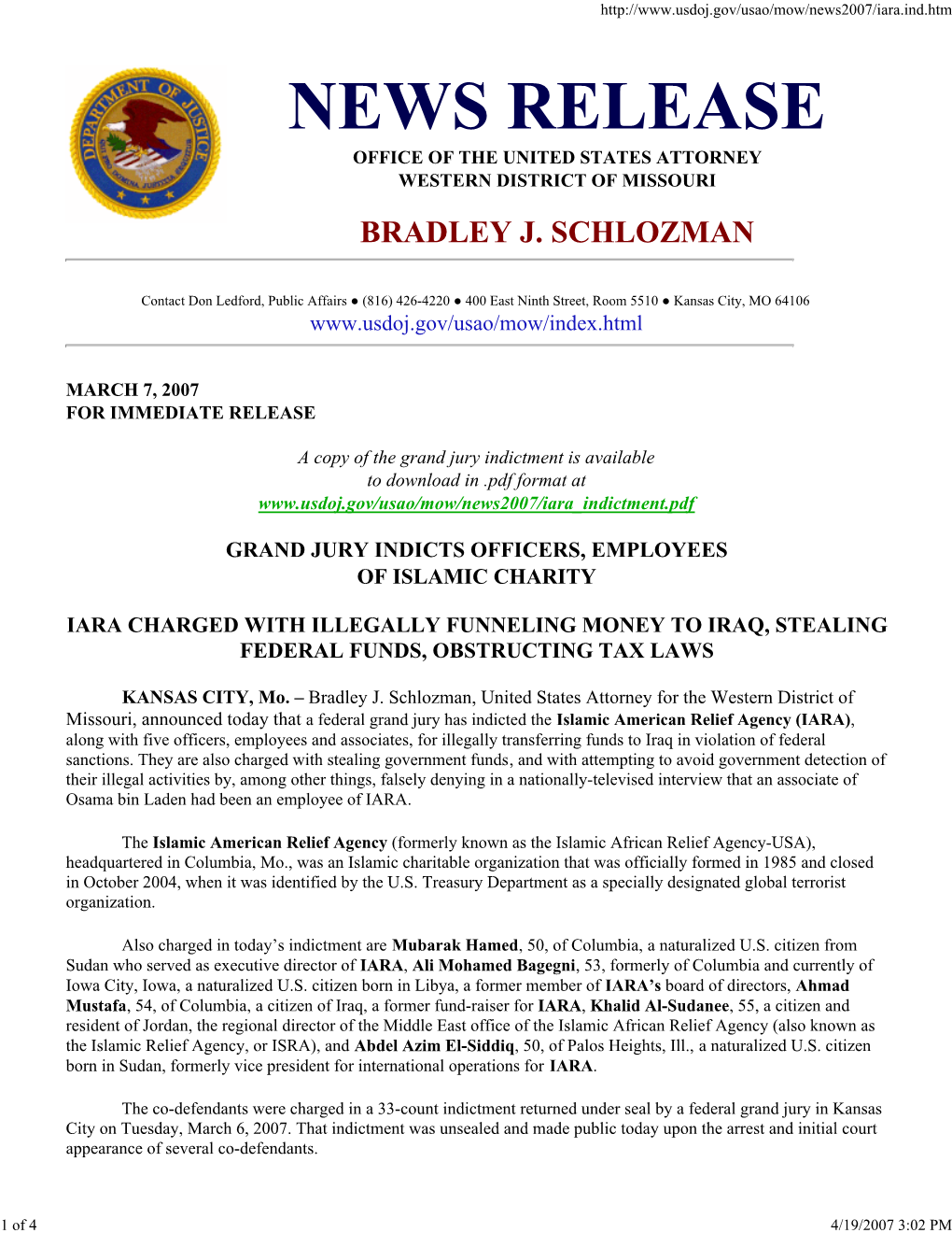 News Release Office of the United States Attorney Western District of Missouri Bradley J