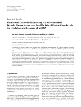 Research Article Thimerosal-Derived Ethylmercury Is a Mitochondrial