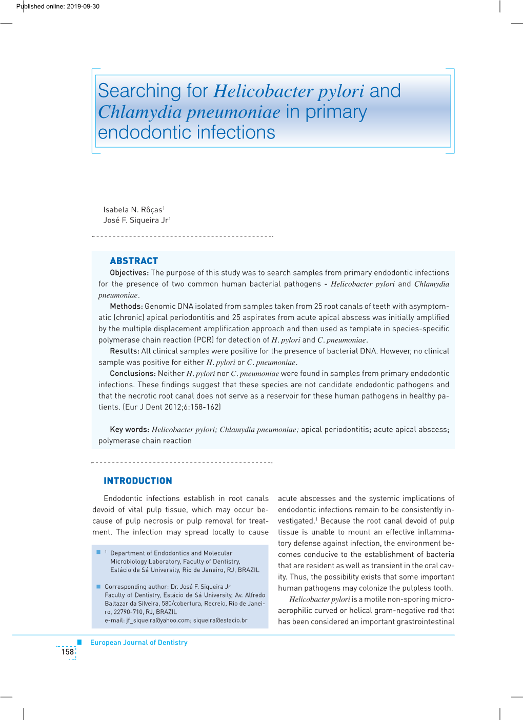 Searching for Helicobacter Pylori and Chlamydia Pneumoniae in Primary Endodontic Infections