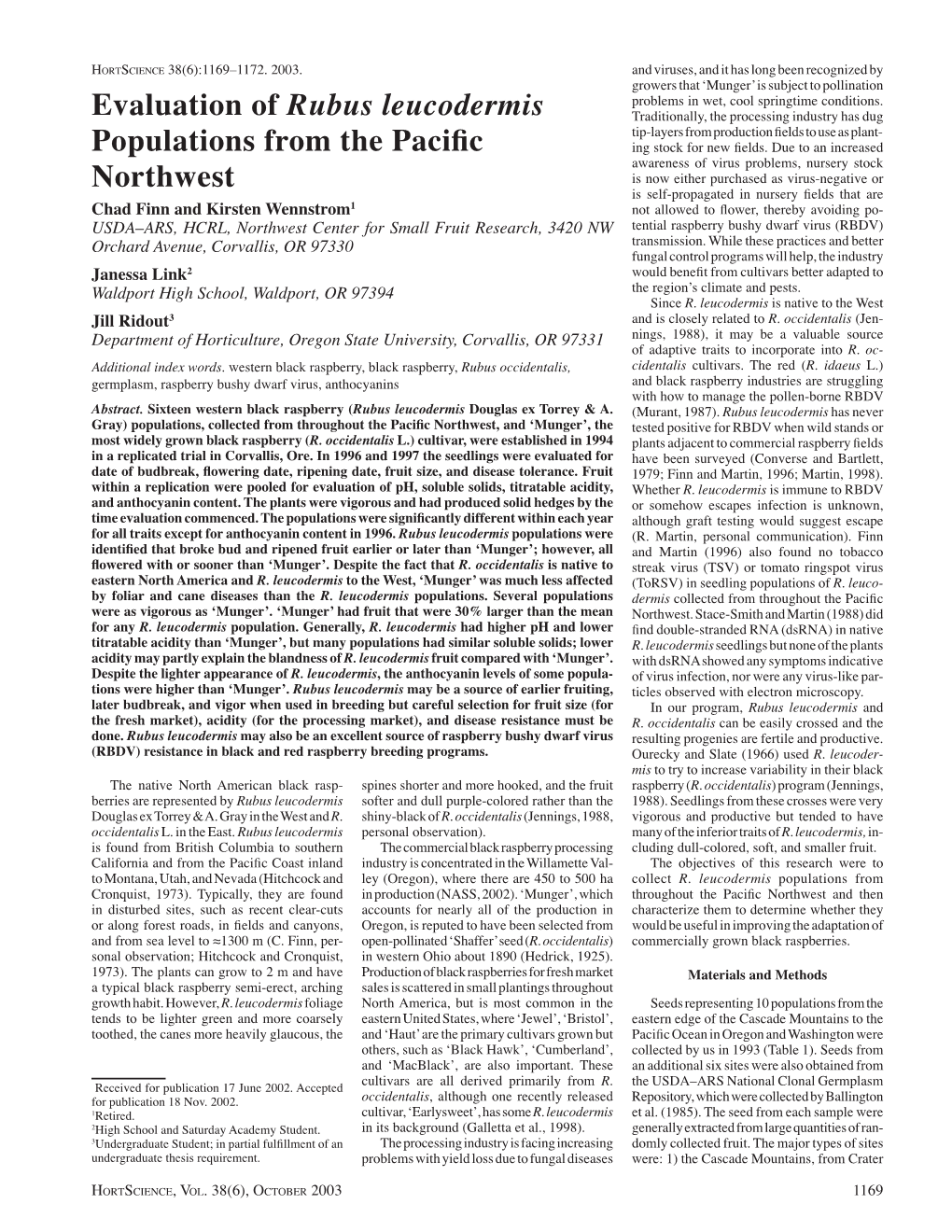 Evaluation of Rubus Leucodermis Populations from the Pacific