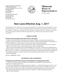 Minnesota House of Representatives New Laws Effective Aug. 1, 2017