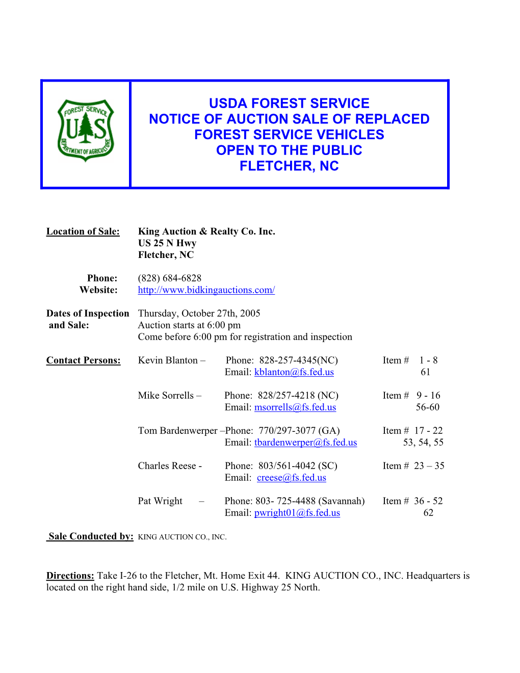 Usda Forest Service Notice of Auction Sale of Replaced Forest Service