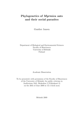 Phylogenetics of Myrmica Ants and Their Social Parasites