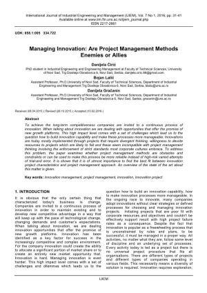 Managing Innovation: Are Project Management Methods Enemies Or Allies