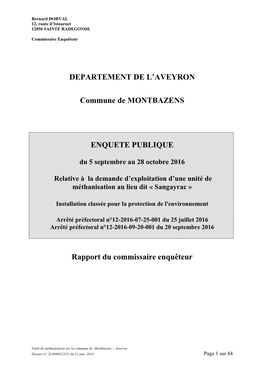 DEPARTEMENT DE L'aveyron Commune De MONTBAZENS