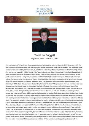Toni Lou Baggett August 21, 1959 - March 31, 2007