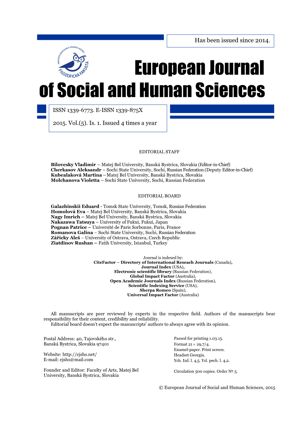 European Journal of Social and Human Sciences, 2015, Vol.(5), Is