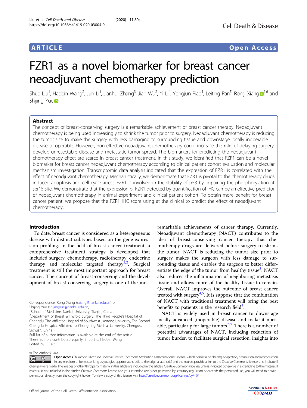 FZR1 As a Novel Biomarker for Breast Cancer Neoadjuvant Chemotherapy