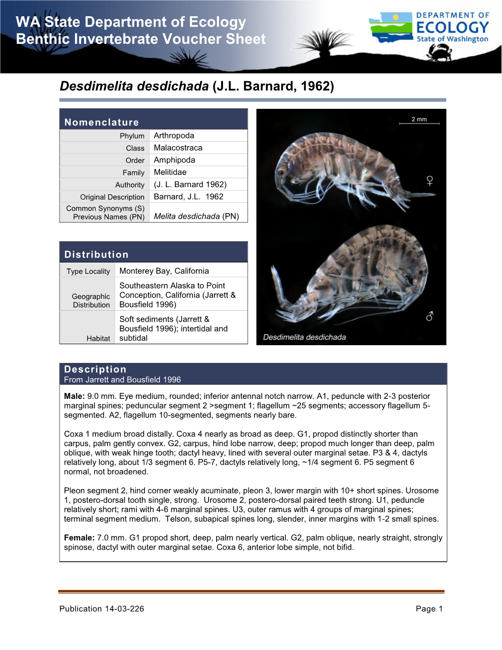 WA State Department of Ecology Benthic Invertebrate Voucher Sheet