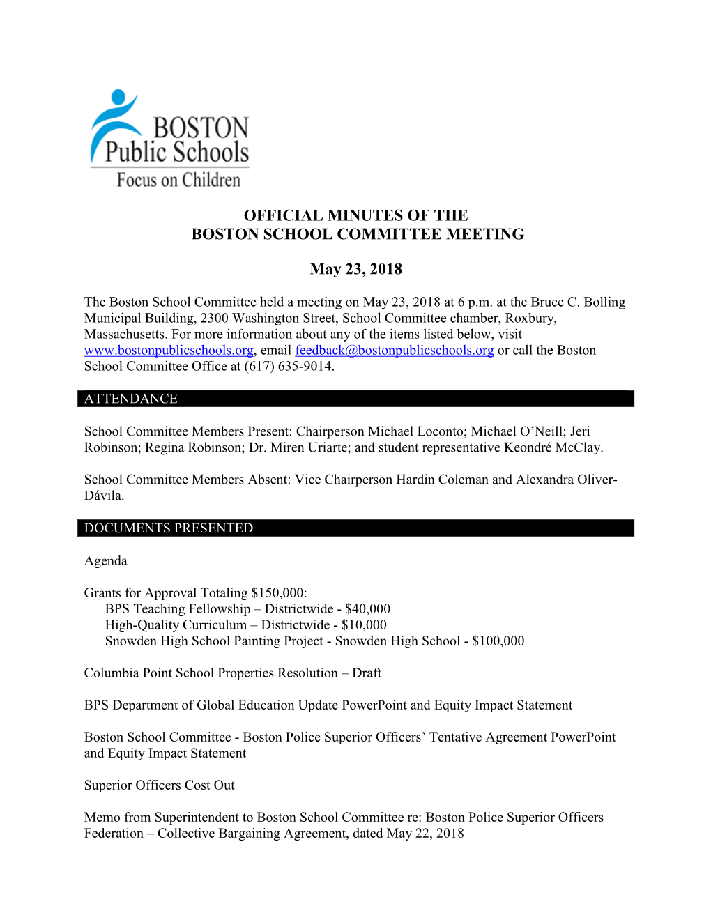 Official Minutes of the Boston School Committee Meeting