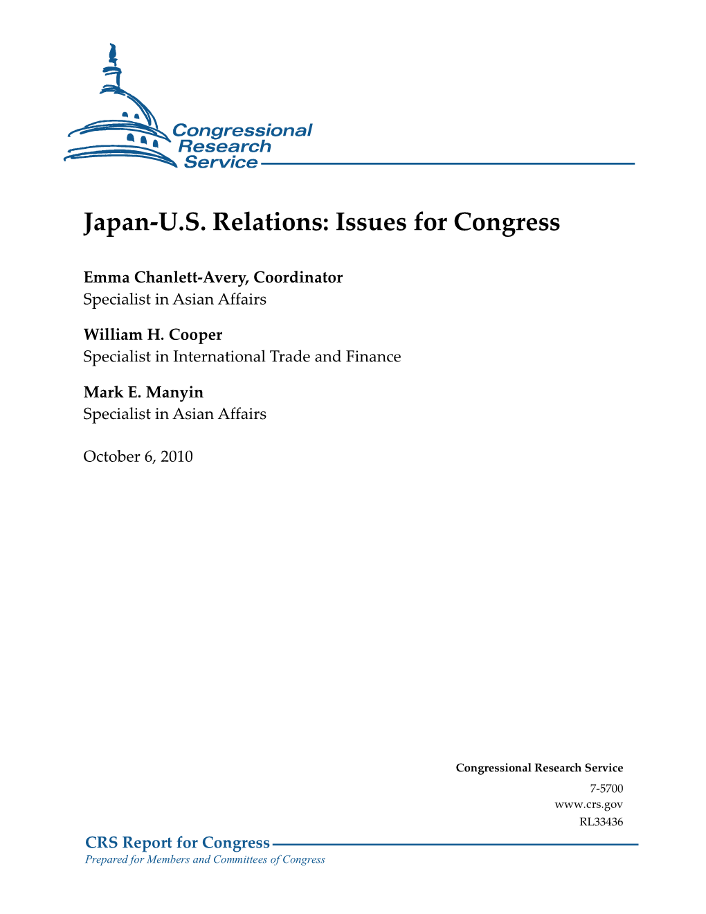 Japan-U.S. Relations: Issues for Congress