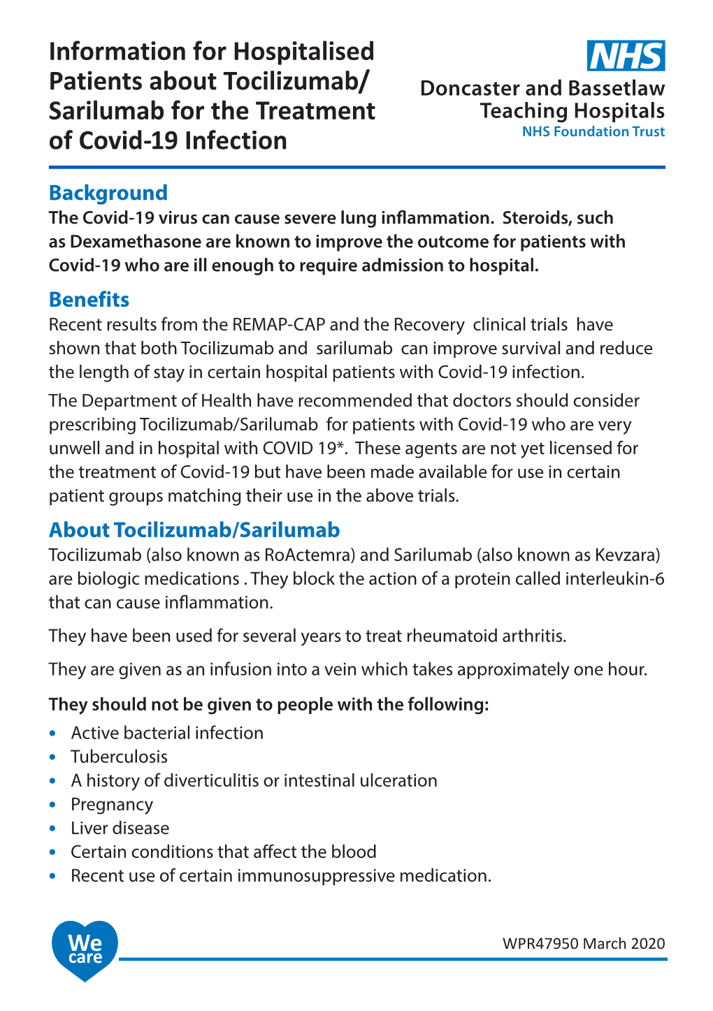 Information for Hospitalised Patients About Tocilizumab/ Sarilumab for the Treatment of Covid-19 Infection