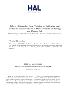 Effects of Intensive Crew Training on Individual and Collective Characteristics of Oar Movement in Rowing As a Coxless Pair Mathieu Feigean, Mehdi R’Kiouak, Reinoud J