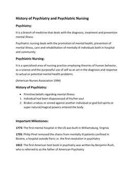 History of Psychiatry and Psychiatric Nursing