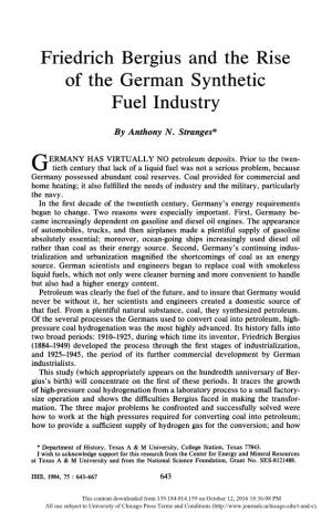 Friedrich Bergius and the Rise of the German Synthetic Fuel Industry