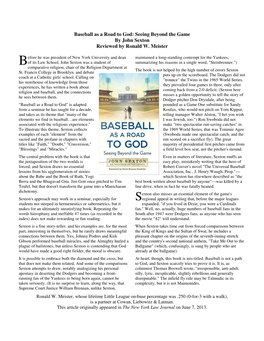 Baseball As a Road to God: Seeing Beyond the Game by John Sexton Reviewed by Ronald W