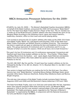 WBCA Announces Preseason Selections for the 2009-2010 2009