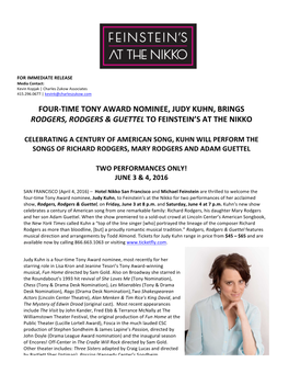 Time Tony Award Nominee, Judy Kuhn, Brings Rodgers, Rodgers & Guettel to Feinstein’S at the Nikko