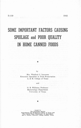 SOME IMPORTANT FACTORS CAUSING SPOILAGE and POOR QUALITY in HOME CANNED FOODS