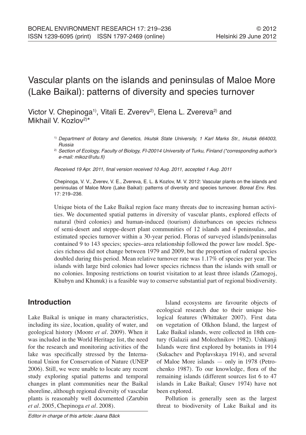 Vascular Plants on the Islands and Peninsulas of Maloe More (Lake Baikal): Patterns of Diversity and Species Turnover