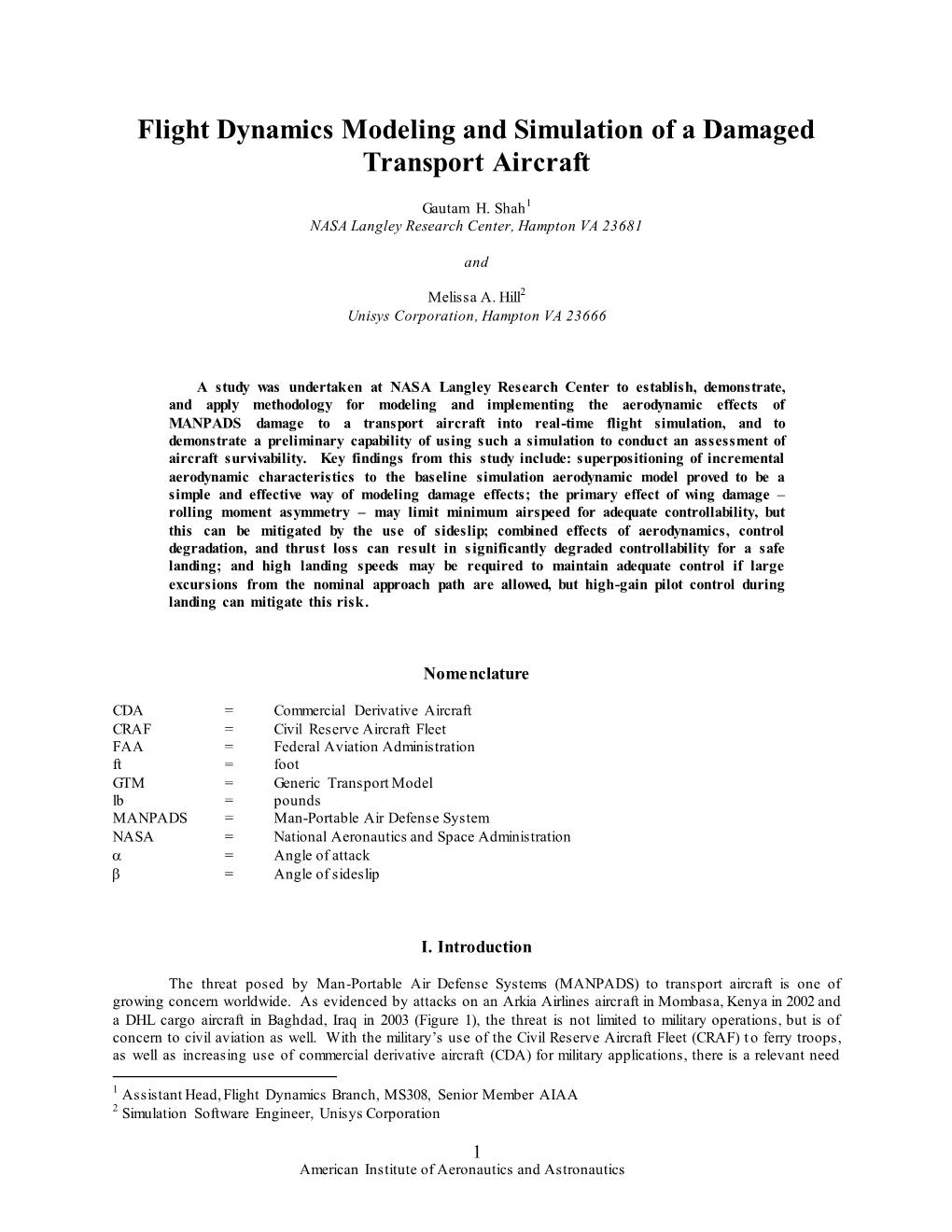 Flight Dynamics Modeling and Simulation of a Damaged Transport Aircraft