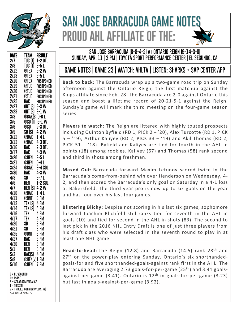 San Jose Barracuda Game Notes