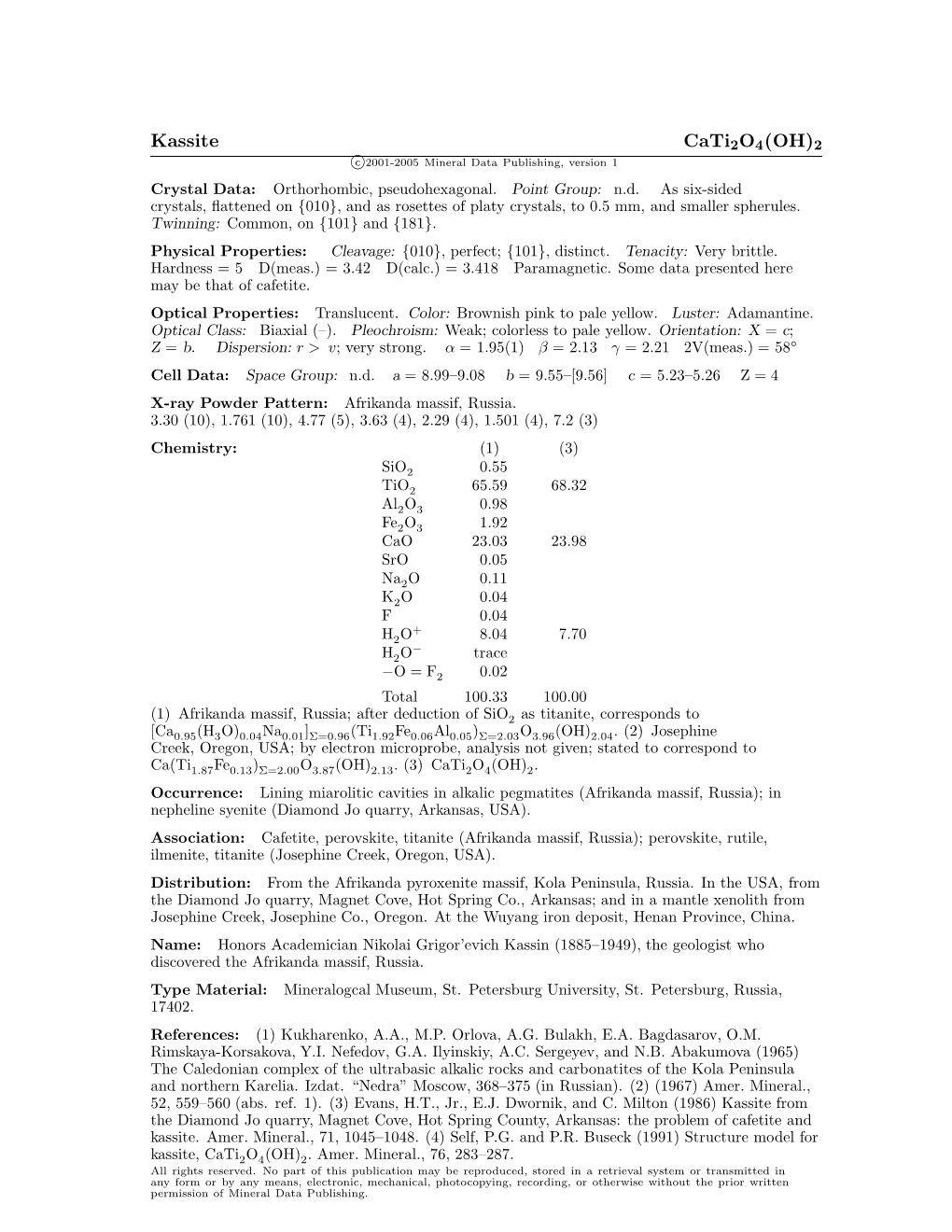 Kassite Cati2o4(OH)2 C 2001-2005 Mineral Data Publishing, Version 1 Crystal Data: Orthorhombic, Pseudohexagonal