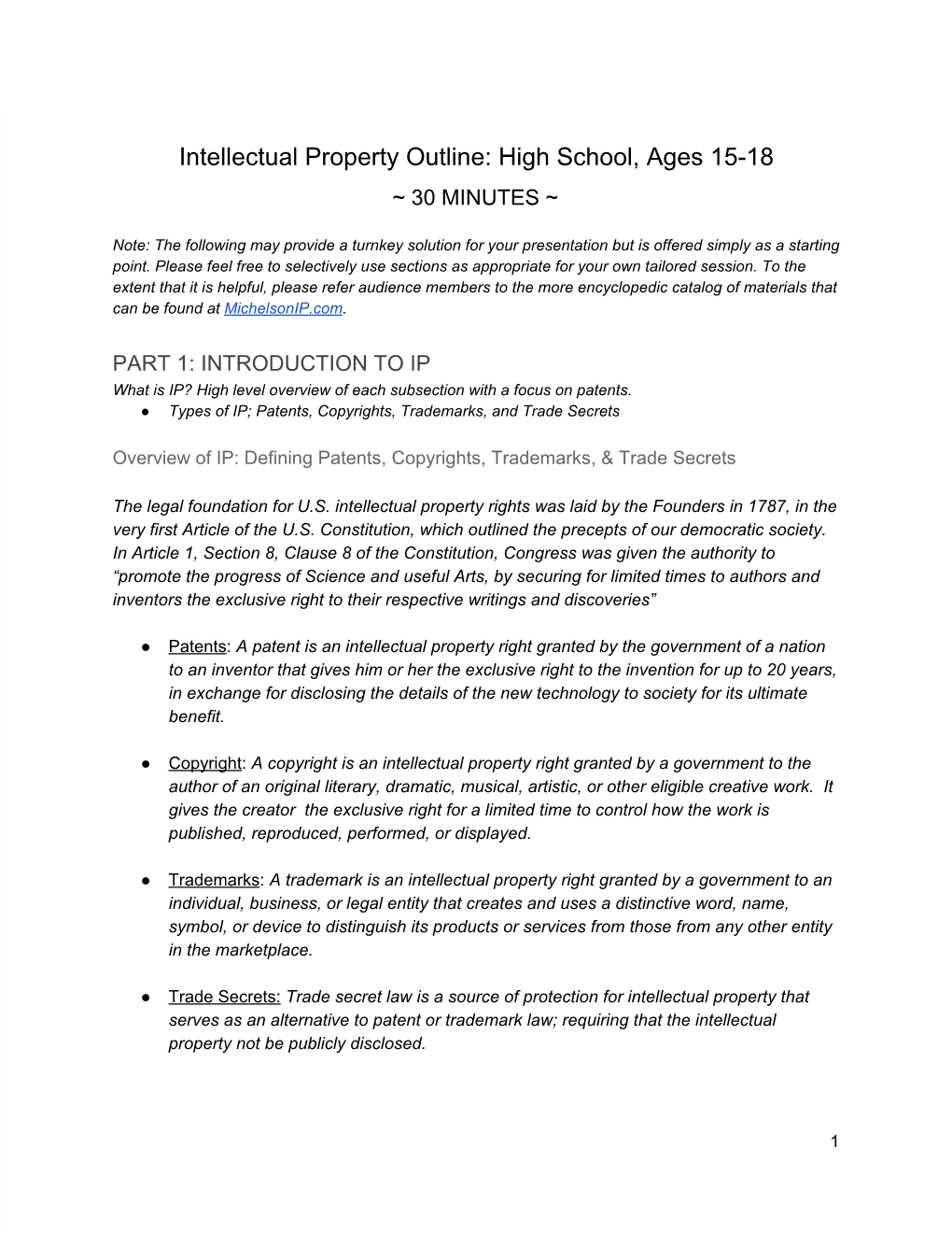 Intellectual Property Outline: High School, Ages 15-18