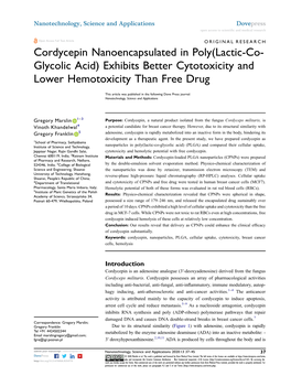 Cordycepin Nanoencapsulated in Poly(Lactic-Co- Glycolic Acid) Exhibits Better Cytotoxicity and Lower Hemotoxicity Than Free Drug