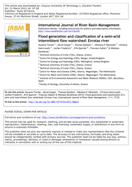 Flood Generation and Classification of a Semi-Arid Intermittent Flow Watershed: Evrotas River Ourania Tzoraki a , David Cooper B , Thomas Kjeldsen C , Nikolaos P