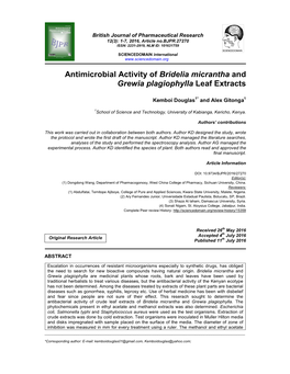 Antimicrobial Activity of Bridelia Micrantha and Grewia Plagiophylla Leaf Extracts