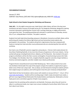 FOR IMMEDIATE RELEASE January 17, 2012 CONTACT: Kate Phenix