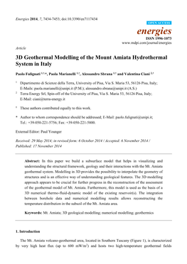 3D Geothermal Modelling of the Mount Amiata Hydrothermal System in Italy