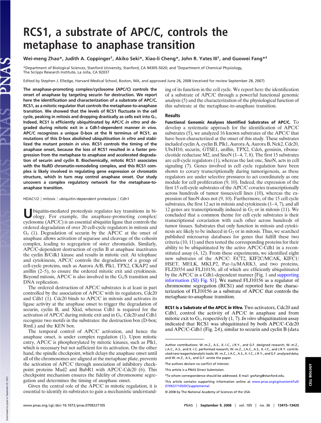 RCS1, a Substrate of APC/C, Controls the Metaphase to Anaphase Transition