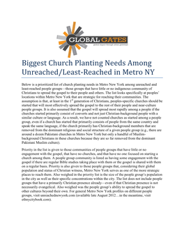Biggest Church Planting Needs Among Unreached/Least-Reached in Metro NY
