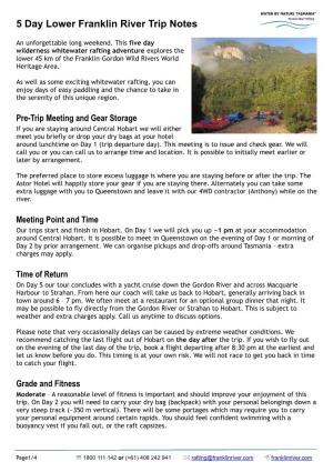 5 Day Lower Franklin River Trip Notes
