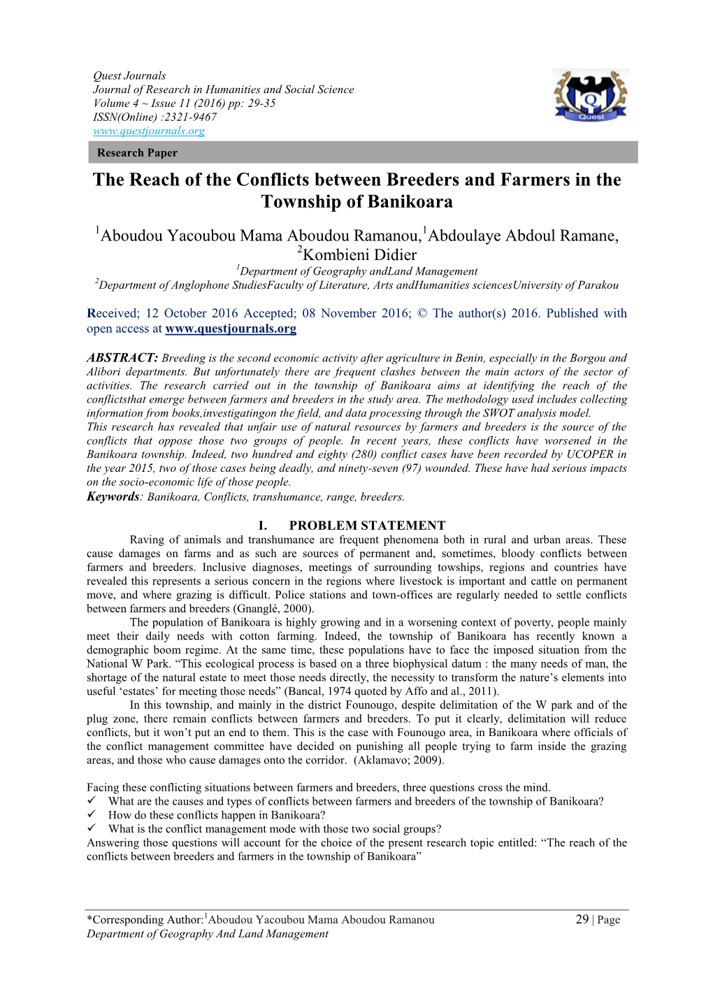 The Reach of the Conflicts Between Breeders and Farmers in the Township of Banikoara