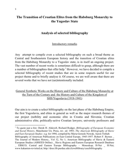 The Transition of Croatian Elites from the Habsburg Monarchy to the Yugoslav State Analysis of Selected Bibliography