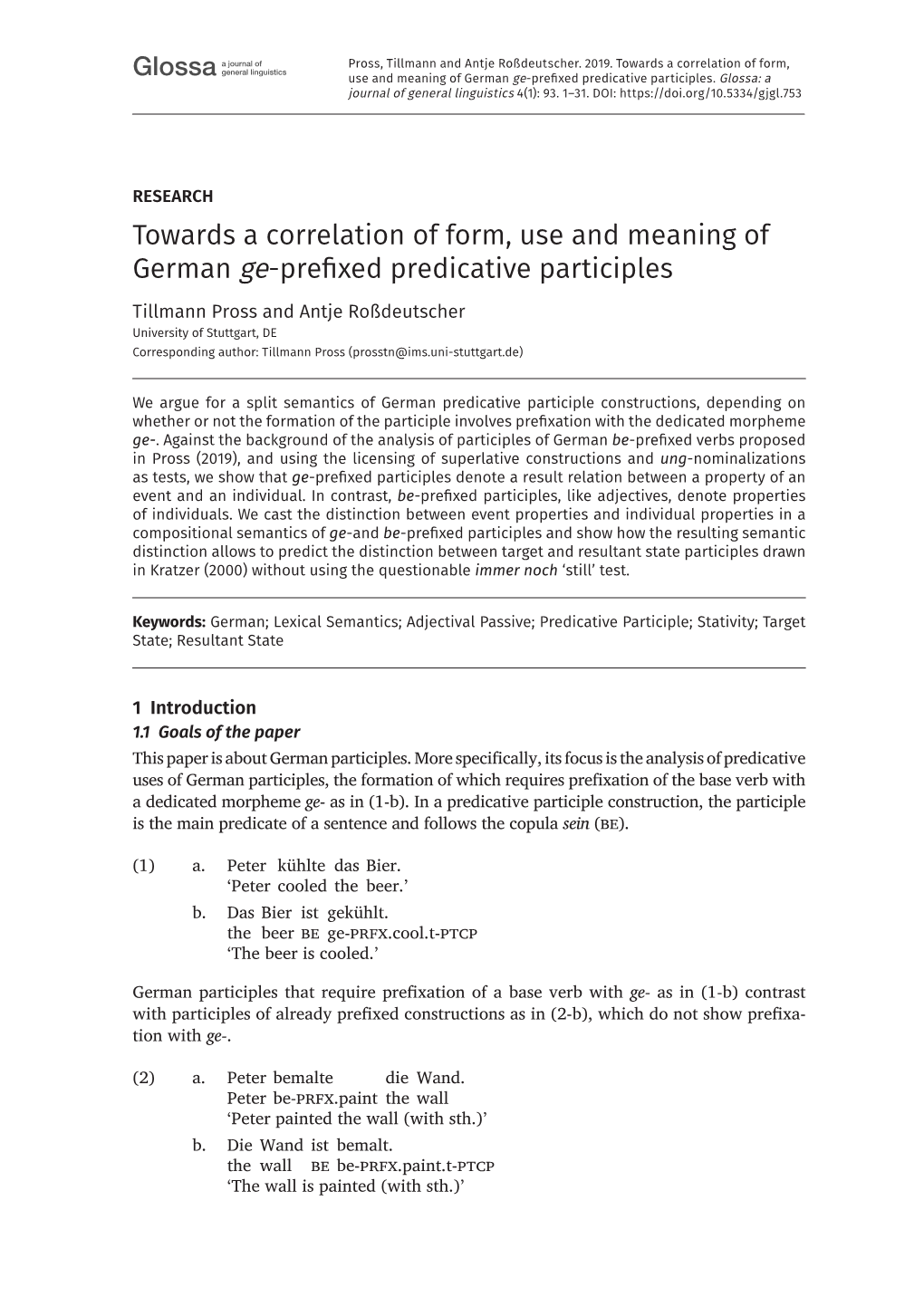 Towards a Correlation of Form, Use and Meaning of German Ge-Prefixed