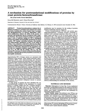 A Mechanism for Posttranslational Modifications of Proteins by Yeast Protein Farnesyltransferase (Ras/Prenyl Transfer/Farnesyl Diphosphate) JULIA M