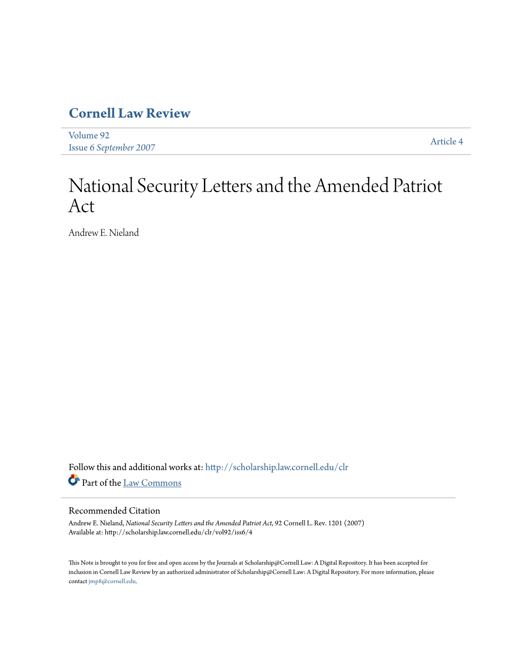 National Security Letters and the Amended Patriot Act Andrew E
