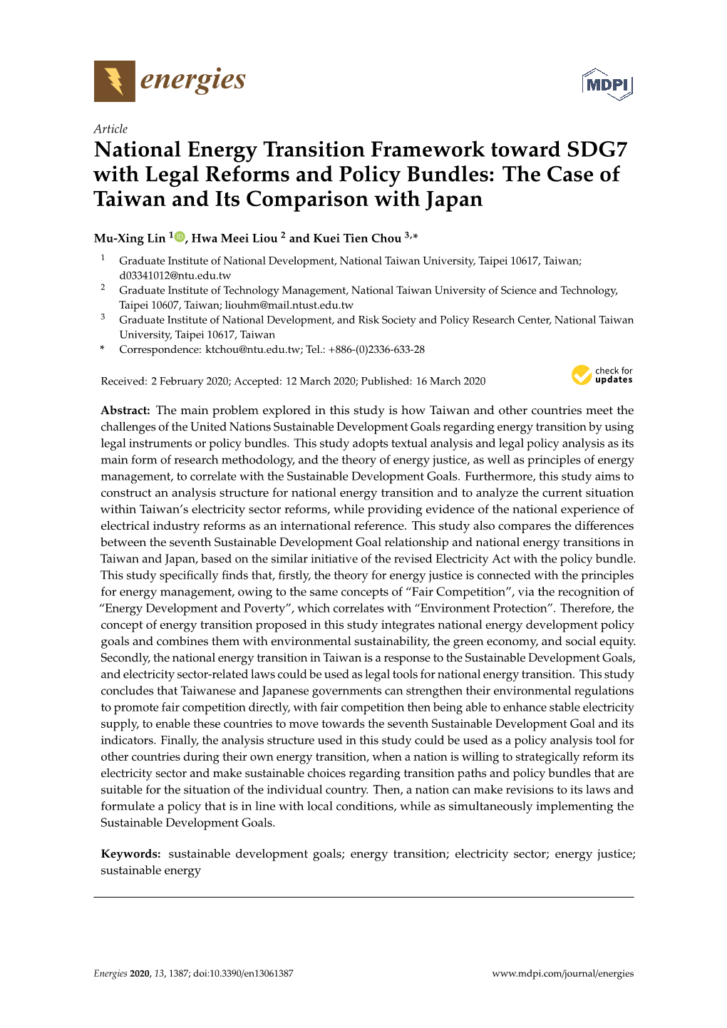 National Energy Transition Framework Toward SDG7 with Legal Reforms and Policy Bundles: the Case of Taiwan and Its Comparison with Japan