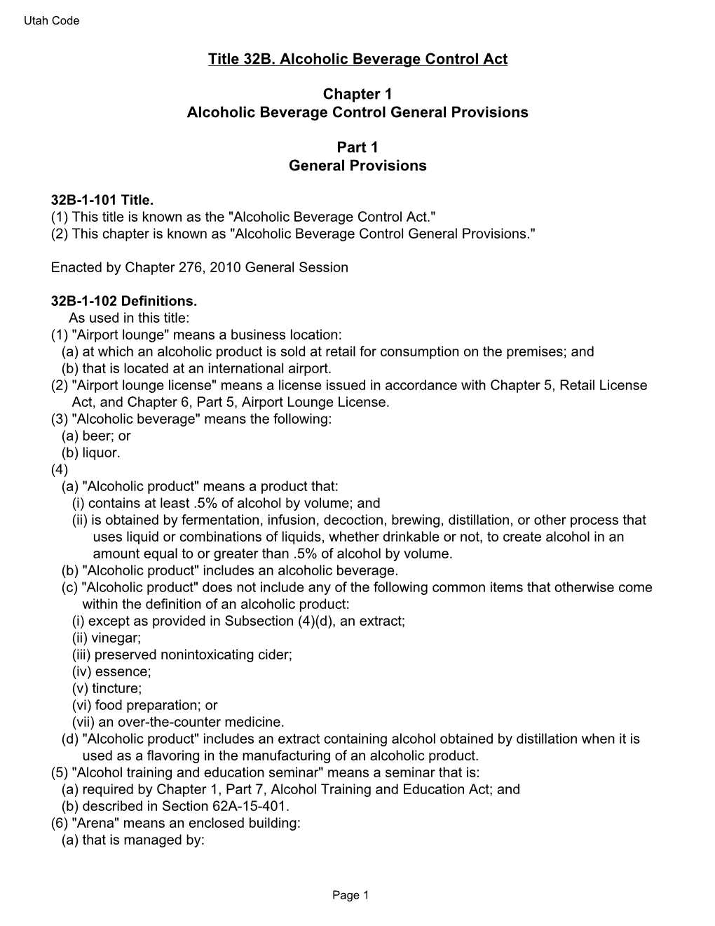 Title 32B. Alcoholic Beverage Control Act Chapter 1