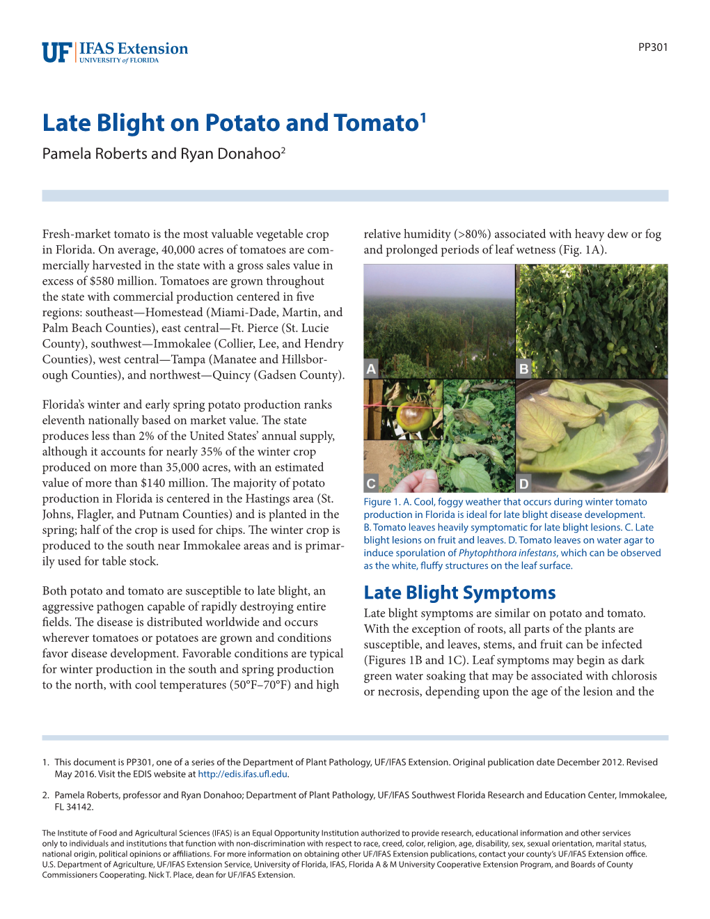 Late Blight on Potato and Tomato1 Pamela Roberts and Ryan Donahoo2