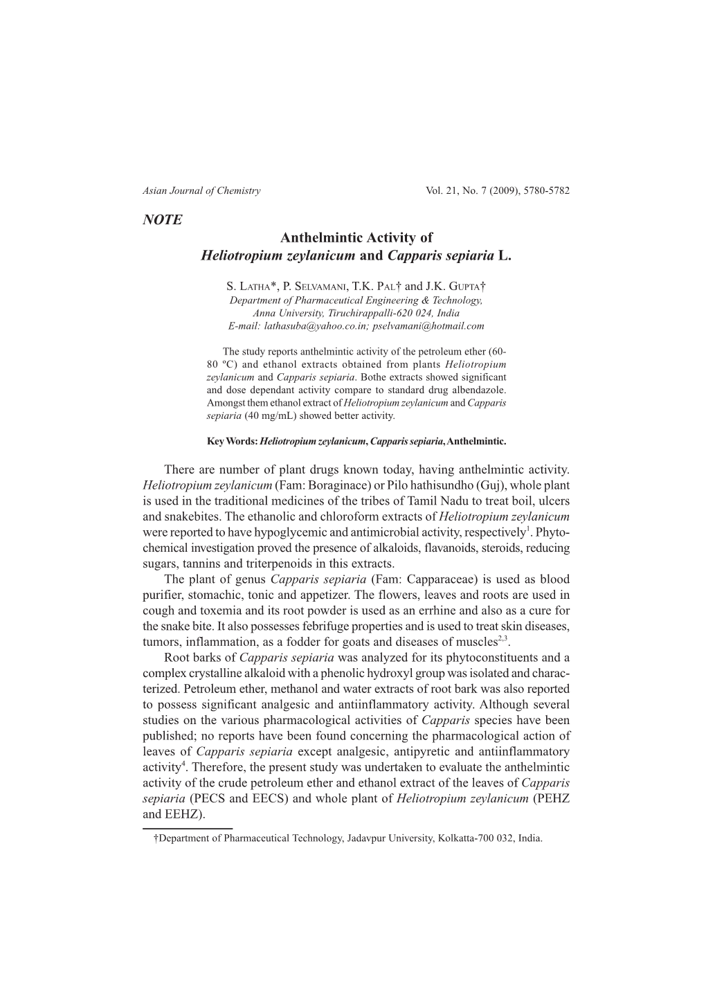 NOTE Anthelmintic Activity of Heliotropium Zeylanicum and Capparis Sepiaria L